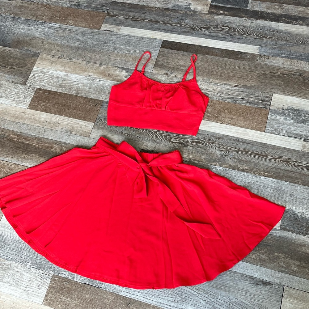 NWOT SHEIN VCAY Ruched Bust Cami Top & Belted Skirt Set • Small in Red